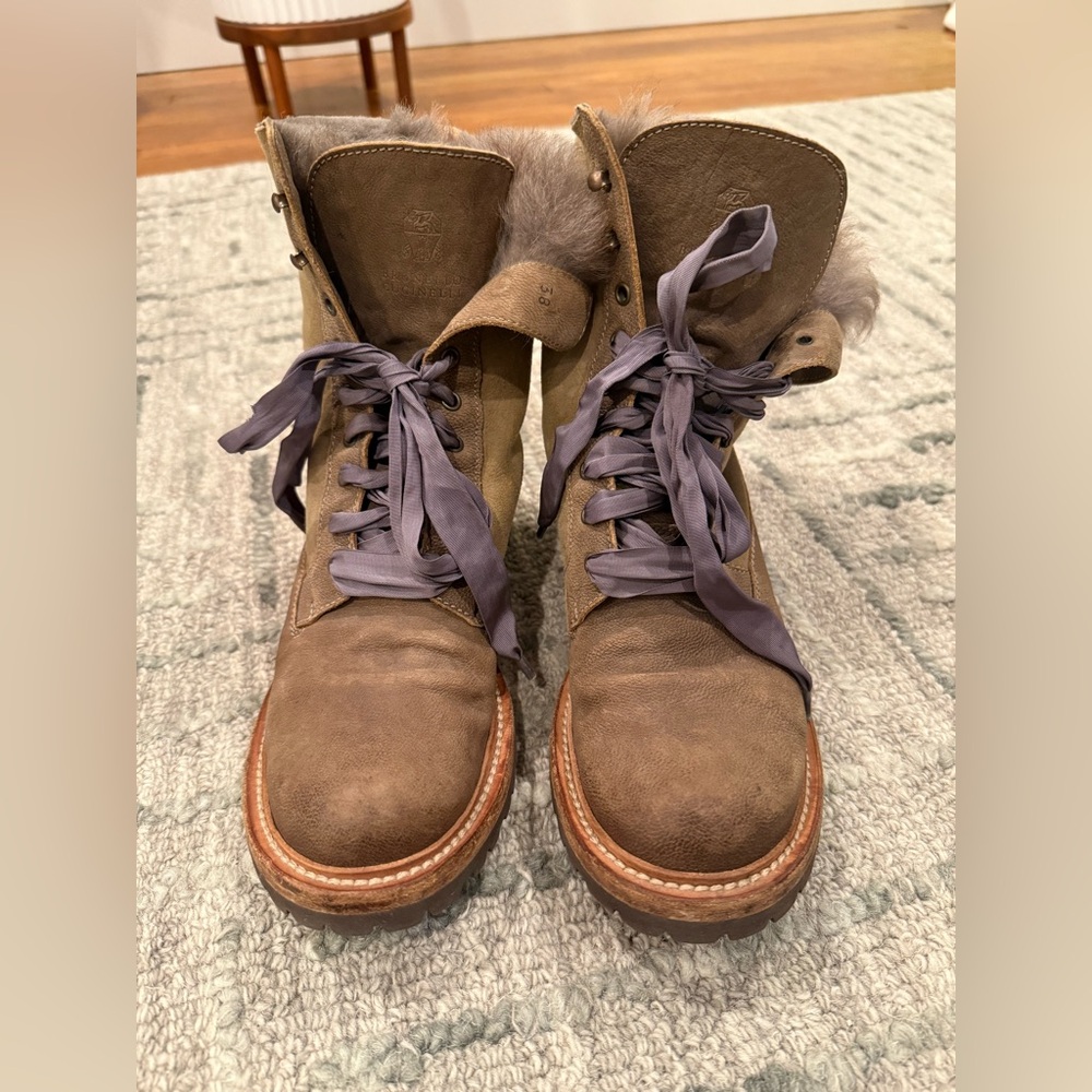 Brunello Cucinelli Fur Lined Taupe Suede Leather Ankle Boots with Purple Laces